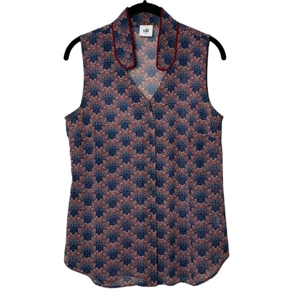 CAbi Fan Collar Sleeveless Blouse Floral Sheer Button-Down Women's Small #3620 - Picture 1 of 16